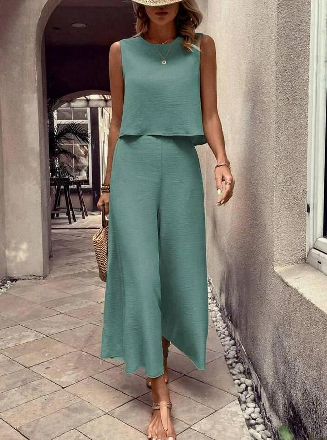 Bisiklet Yaka Kolsuz Bluz Ve Bol Paça Aerobin Kumaş Ikili Takım