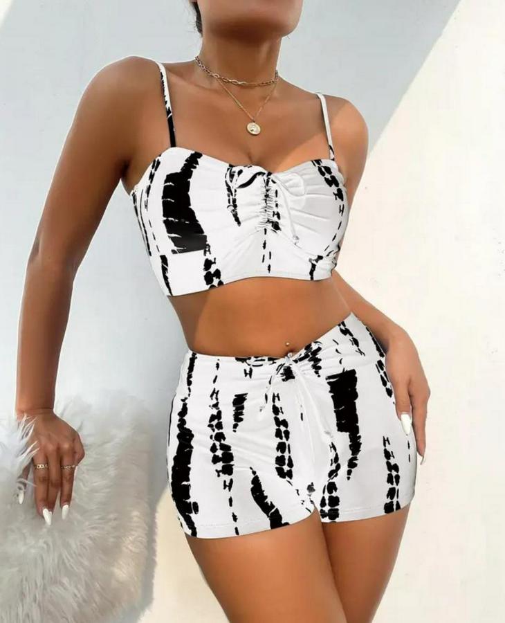 Büzgü Detay Askılı Crop Mini Tayt Ikili Takım