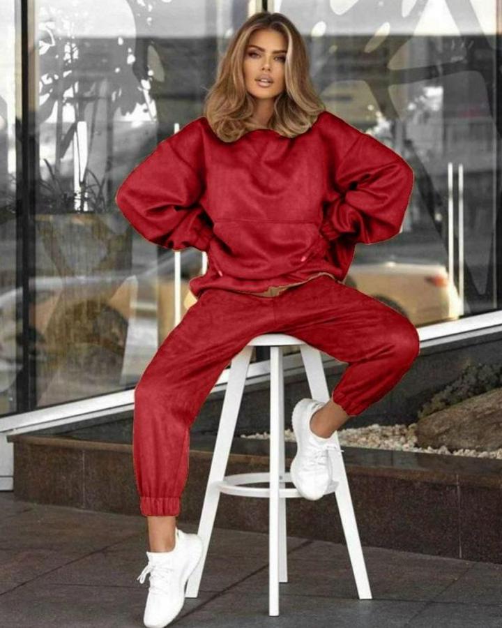 Dalgıç Süet Kumaş Kapüşon Ve Kanguru Cep Detaylı Ikili Takım