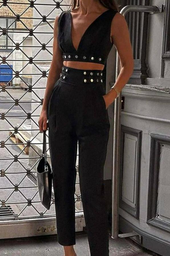 Double Krep Kumaş Düğme Aksesuar Detaylı Takım