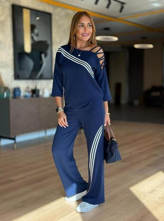 Fakir Kollu Omuz Dekolteli Çapraz Ribana Detay Bluz Ve Pantolon Ikili Takım