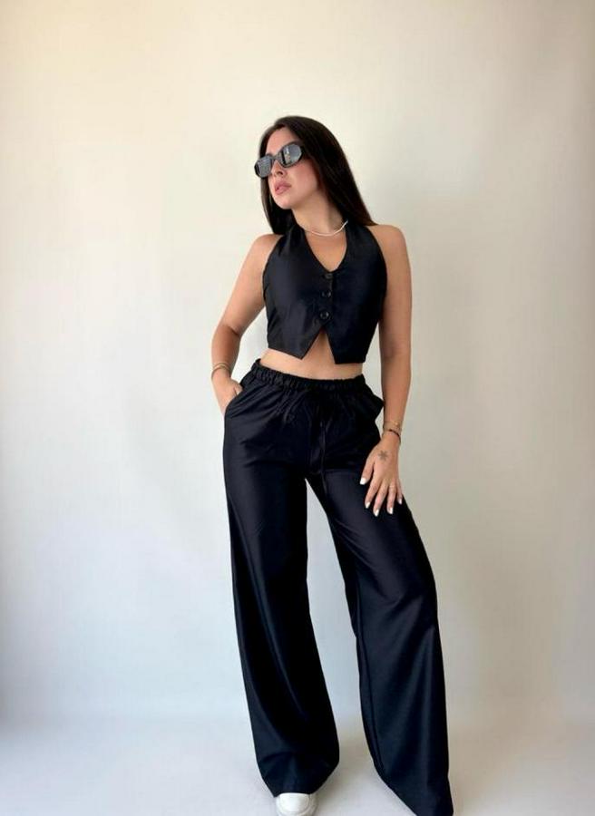 Gabardin Kumaş Boyundan Bağlamalı Yelek Bluz Salaş Pantolon Ikili Takım