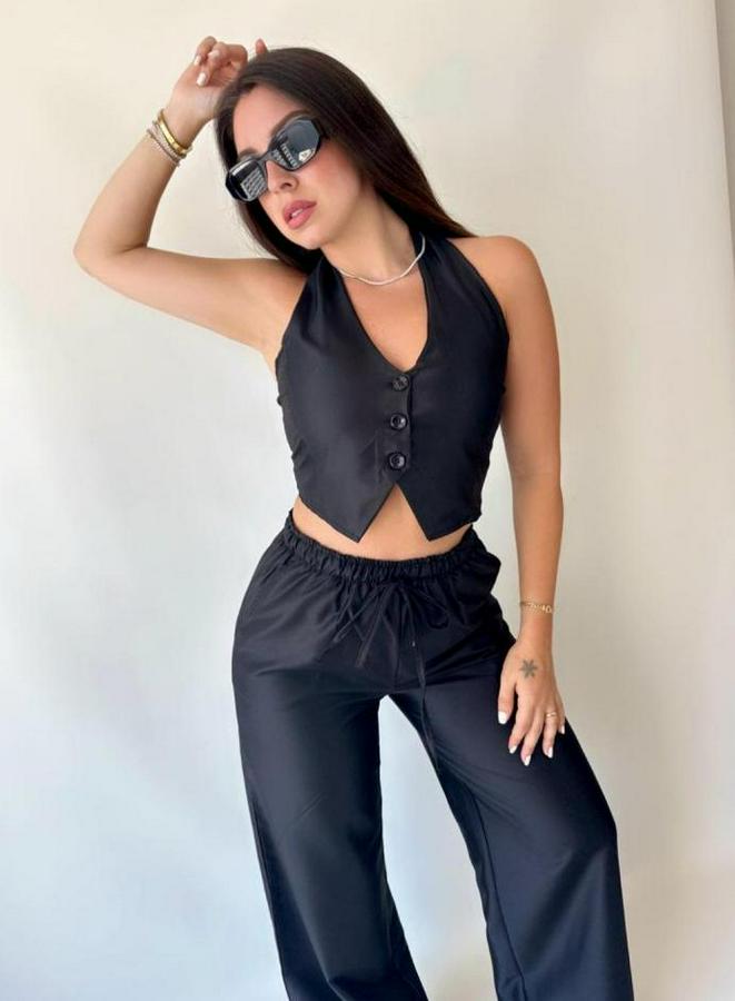 Gabardin Kumaş Boyundan Bağlamalı Yelek Bluz Salaş Pantolon Ikili Takım