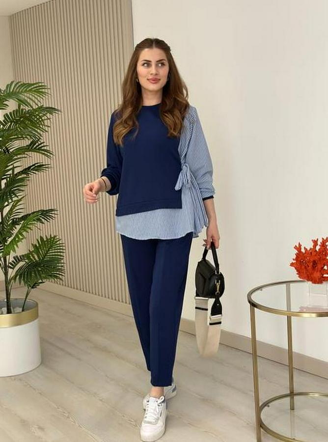 Gömlek Detay Çizgili Yandan Bağlamalı Ikili Takım