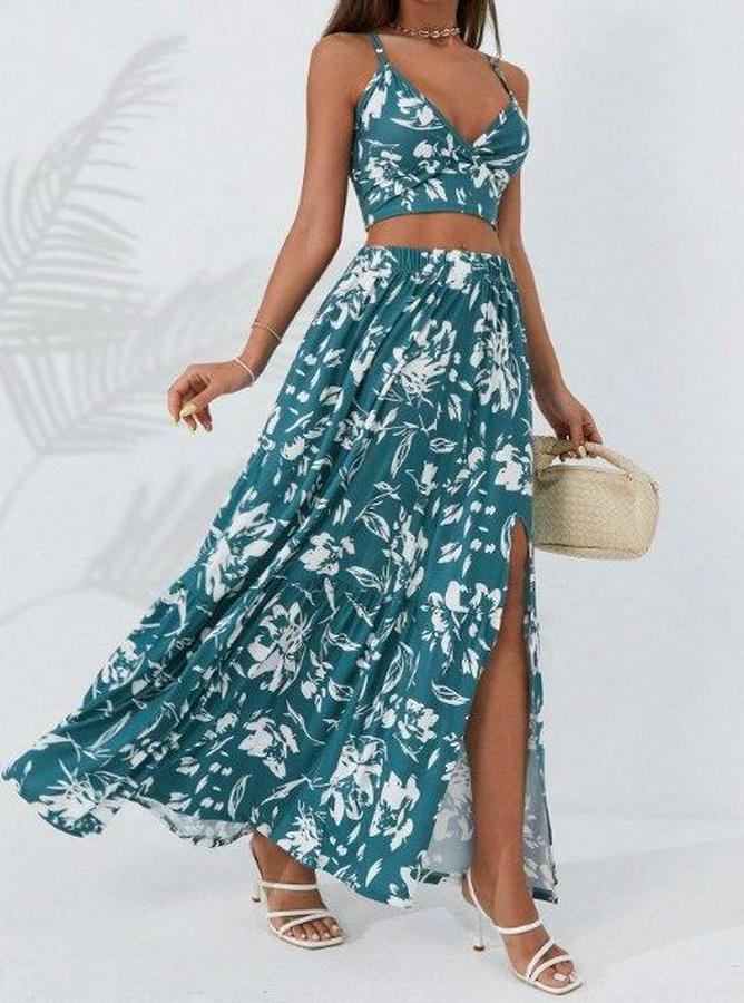 Ince Askılı Çiçek Baskı Desenli Crop Yırtmaçlı Etek Ikili Süprem Takım