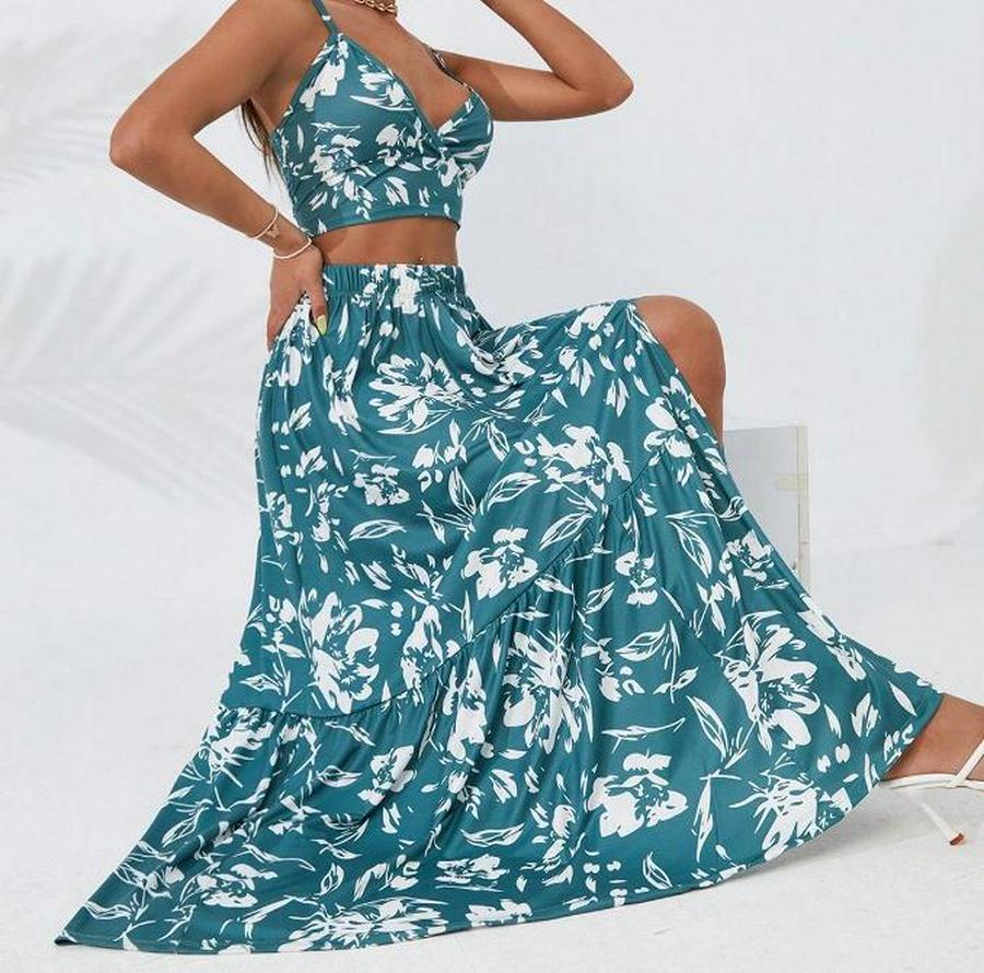 Ince Askılı Çiçek Baskı Desenli Crop Yırtmaçlı Etek Ikili Süprem Takım