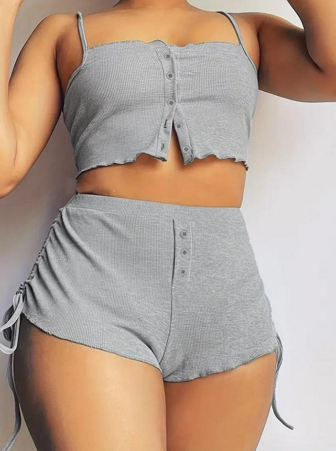 Ip Askılı Crop Bluz Ve Yanlardan Büzgülü Ikili Kaşkorse Short Takım