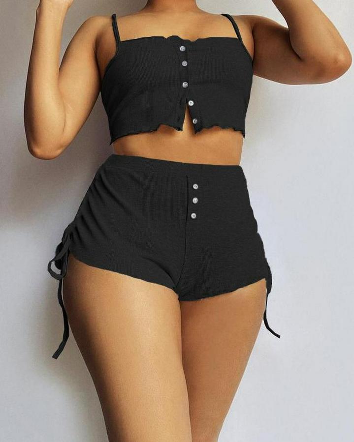 Ip Askılı Crop Bluz Ve Yanlardan Büzgülü Ikili Kaşkorse Short Takım