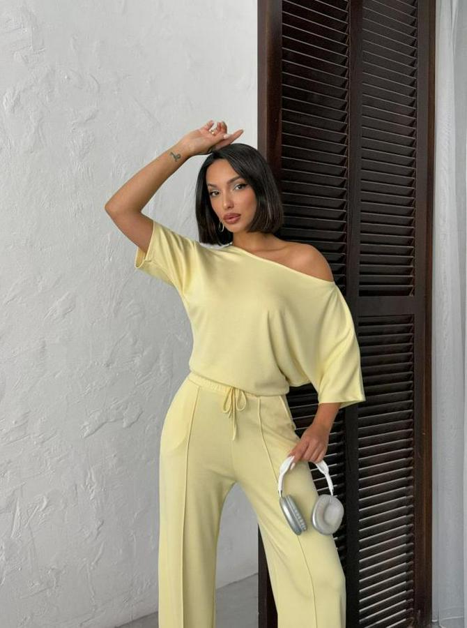 Isa Kollu Kayık Yaka Bluz Ve Pantolon Misal Kumaş Ikili Takım