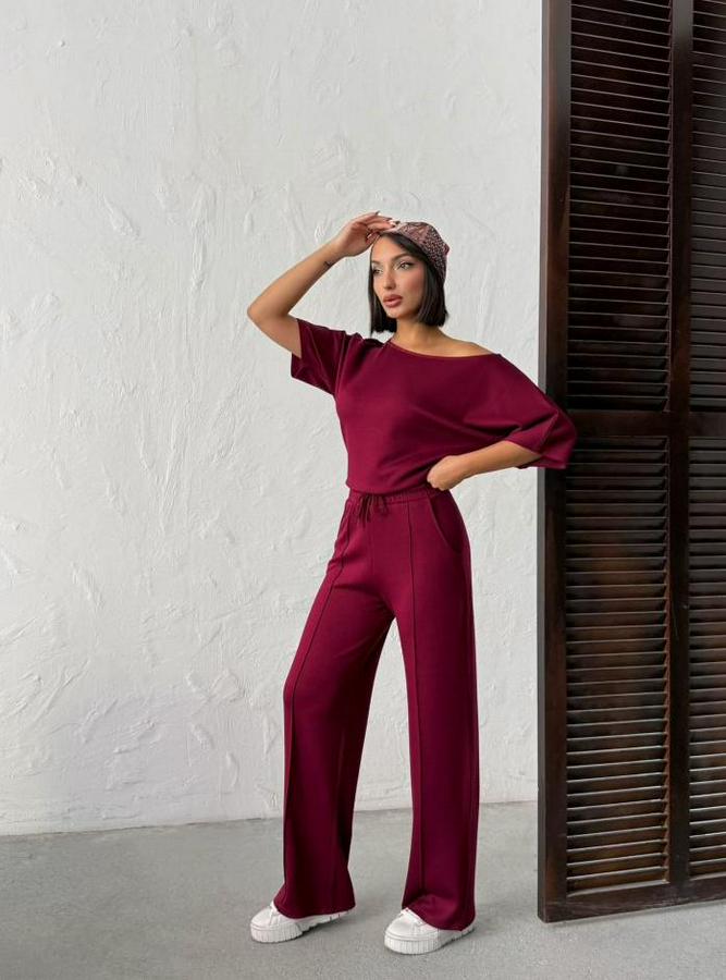 Isa Kollu Kayık Yaka Bluz Ve Pantolon Misal Kumaş Ikili Takım