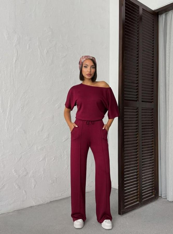 Isa Kollu Kayık Yaka Bluz Ve Pantolon Misal Kumaş Ikili Takım