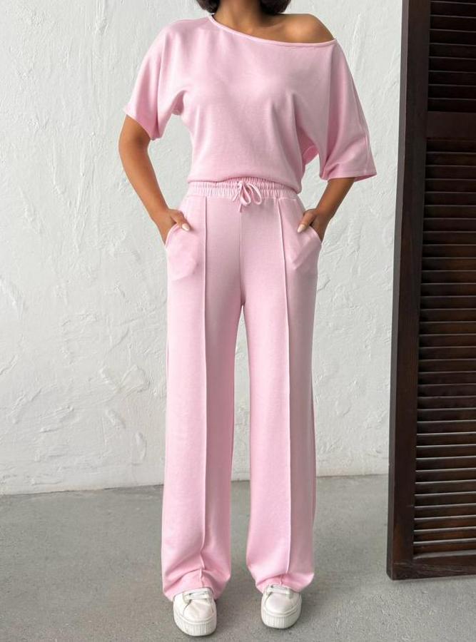 Isa Kollu Kayık Yaka Bluz Ve Pantolon Misal Kumaş Ikili Takım