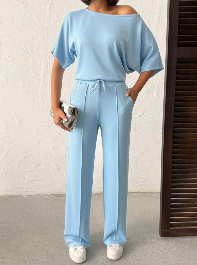 Isa Kollu Kayık Yaka Bluz Ve Pantolon Misal Kumaş Ikili Takım