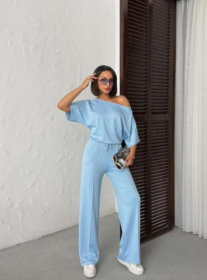 Isa Kollu Kayık Yaka Bluz Ve Pantolon Misal Kumaş Ikili Takım