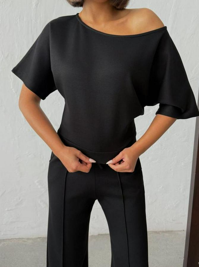 Isa Kollu Kayık Yaka Bluz Ve Pantolon Misal Kumaş Ikili Takım