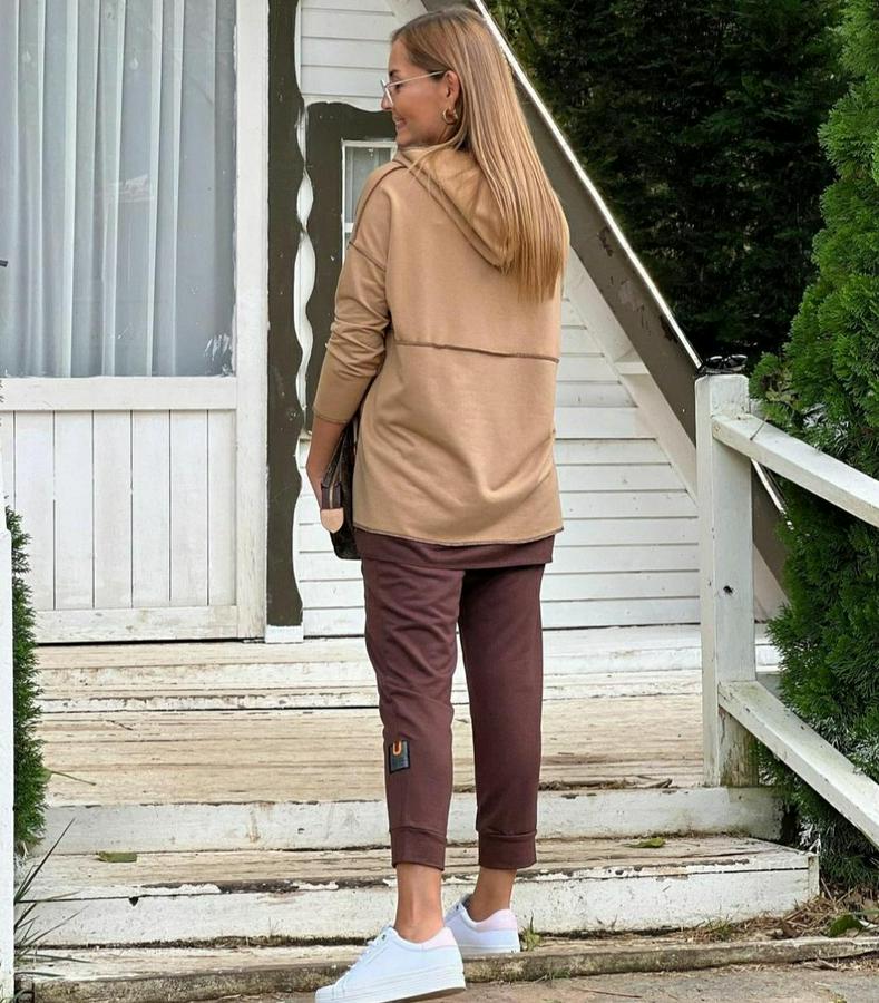 Kahve Kapşonlu Etek Ucu Detay Arma Ters Dikiş Gorunumlu Ikili Takım