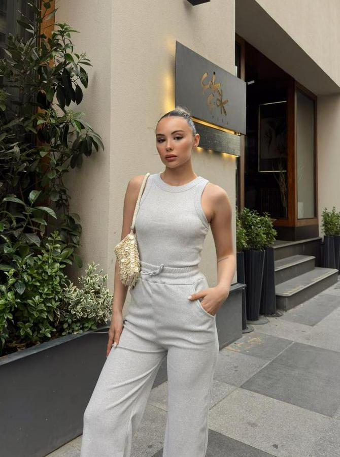 Kaşkorse Kumaş Atlet Ve Yüksek Bel Bol Paça Pantolon Ikili Takım