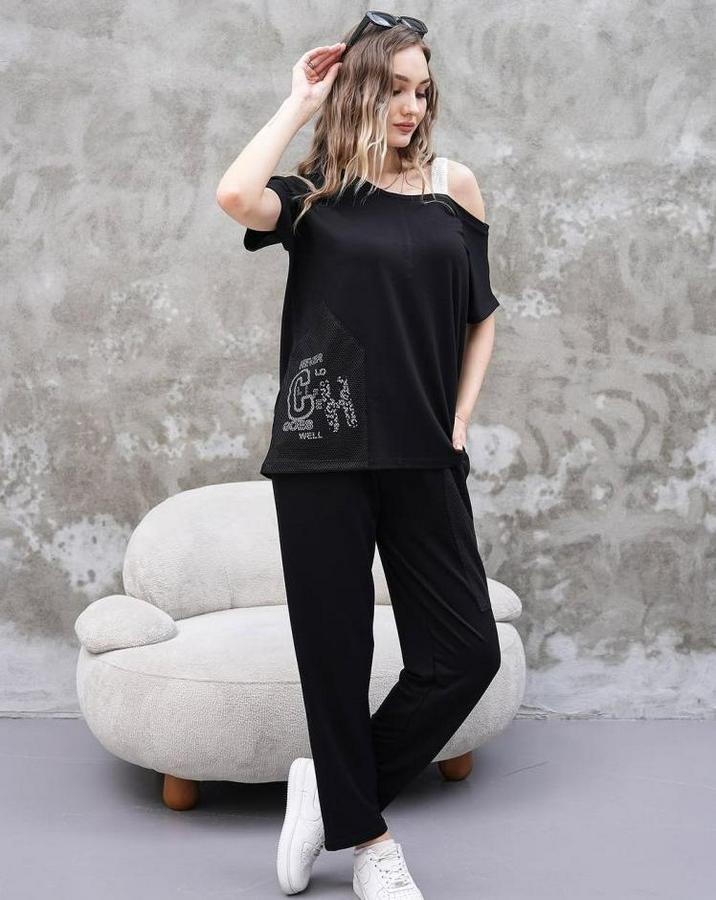 Kayık Yaka Baskı Detay Salaş Bluz Ve Yüksek Bel Pantolon Ikili Takım