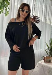 Kayık Yaka Oversize Asimetrik Bluz Ve Şort Iki Iplik Takım