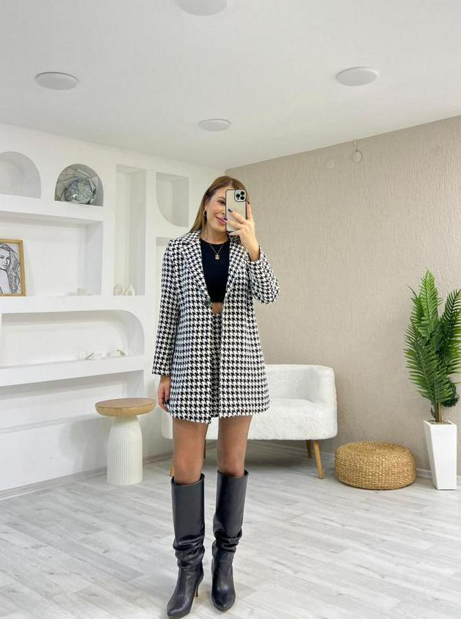 Kazayağı Desen Vatka Detay Kaban Ve Yüksek Bel Etek Ikili Takım