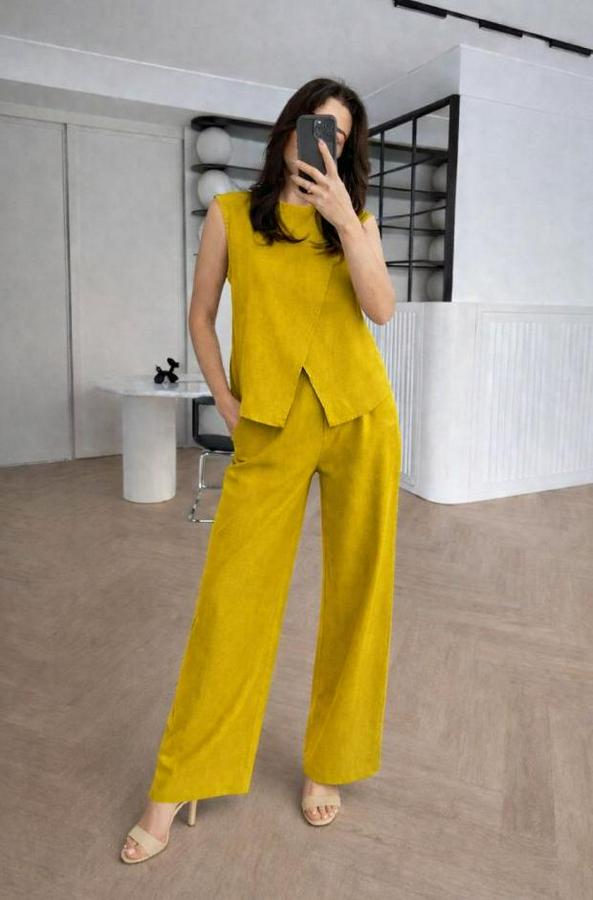 Keten Kumaş Asimetrik Kesim Bluz Ve Salaş Pantolon Ikili Takım