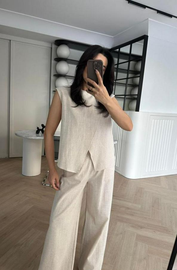 Keten Kumaş Asimetrik Kesim Bluz Ve Salaş Pantolon Ikili Takım