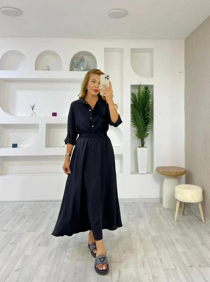 Keten Kumaş Gömlek Ve Etek Ikili Takim