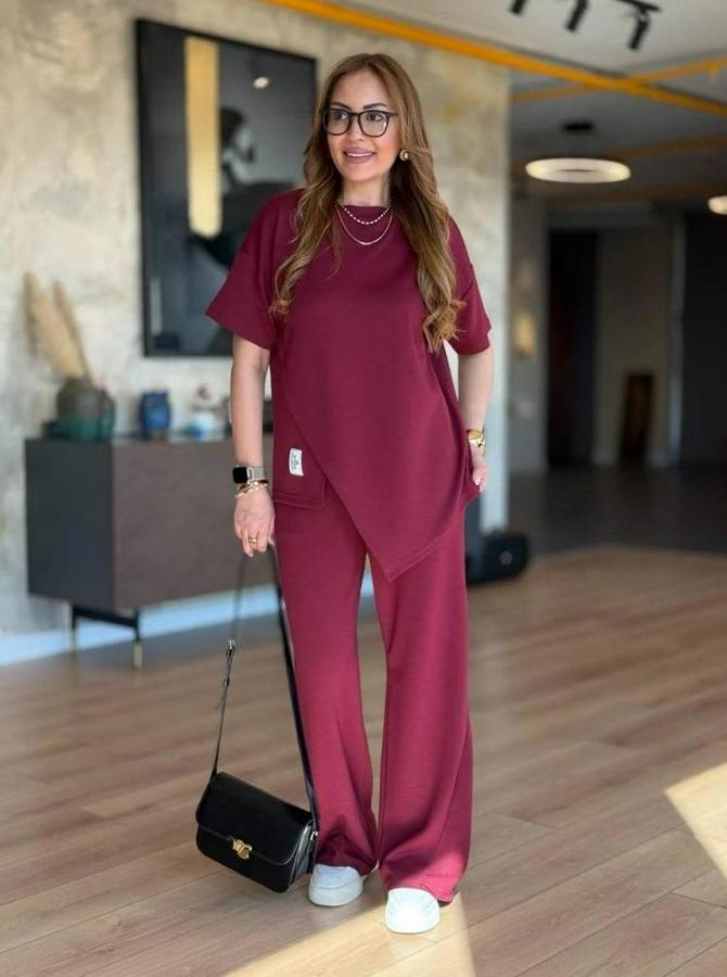 Kısa Kollu Bisiklet Yaka Asimetrik Viskon Iki Iplik Bluz Ve Pantolon Ikili Takım