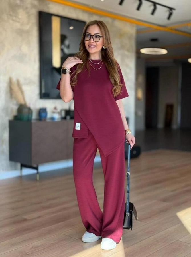 Kısa Kollu Bisiklet Yaka Asimetrik Viskon Iki Iplik Bluz Ve Pantolon Ikili Takım