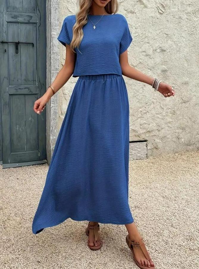 Kısa Kollu Bisiklet Yaka Bluz Etekli Ithal Keten Ikili Takım