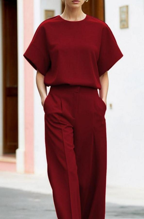 Kısa Kollu Bisiklet Yaka Bluz Yüksek Bel Cep Detaylı Pantolon Atlas Ikili Takım