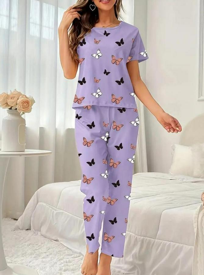 Kısa Kollu Bisiklet Yaka Kelebek Baskılı Süprem Ikili Takım