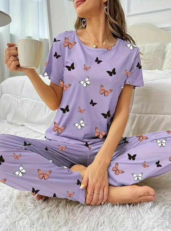 Kısa Kollu Bisiklet Yaka Kelebek Baskılı Süprem Ikili Takım