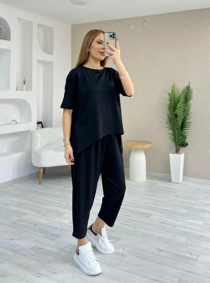 Kısa Kollu Bisiklet Yaka Viskon Iki Iplik Bluz Ve Pantolon Ikili Takım