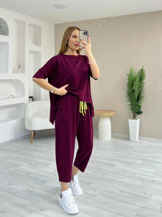 Kısa Kollu Bisiklet Yaka Viskon Iki Iplik Bluz Ve Pantolon Ikili Takım