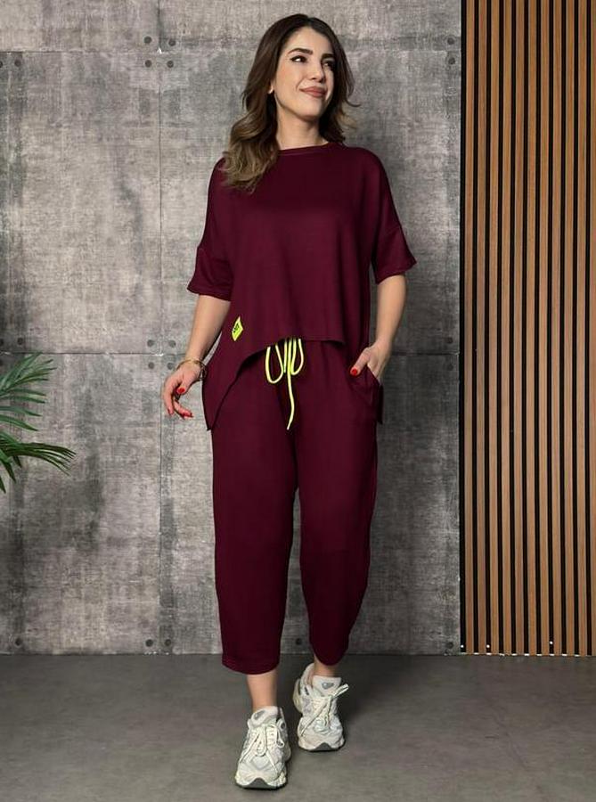 Kısa Kollu Bisiklet Yaka Viskon Iki Iplik Bluz Ve Pantolon Ikili Takım