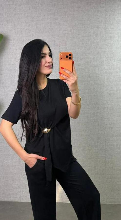 Kısa Kollu Bisiklet Yaka Yandan Toka Detaylı Viskon Iki Iplik Bluz Ve Pantolon Ikili Takım