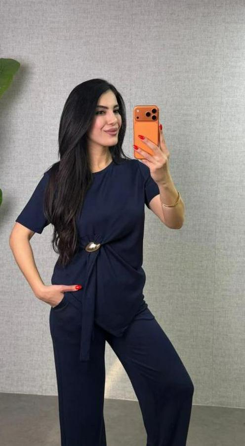 Kısa Kollu Bisiklet Yaka Yandan Toka Detaylı Viskon Iki Iplik Bluz Ve Pantolon Ikili Takım