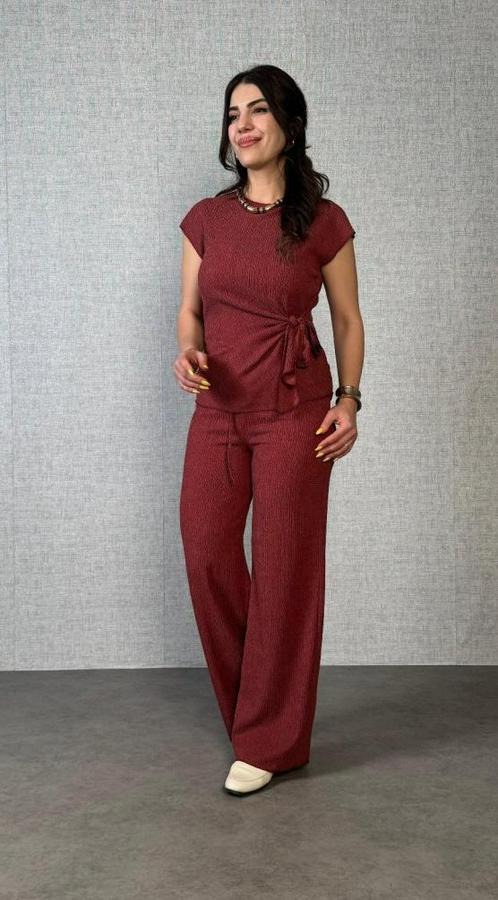 Kısa Kollu Bisiklet Yaka Yandan Bağlamalı Bürümcük Bluz Ve Pantolon Ikili Takım