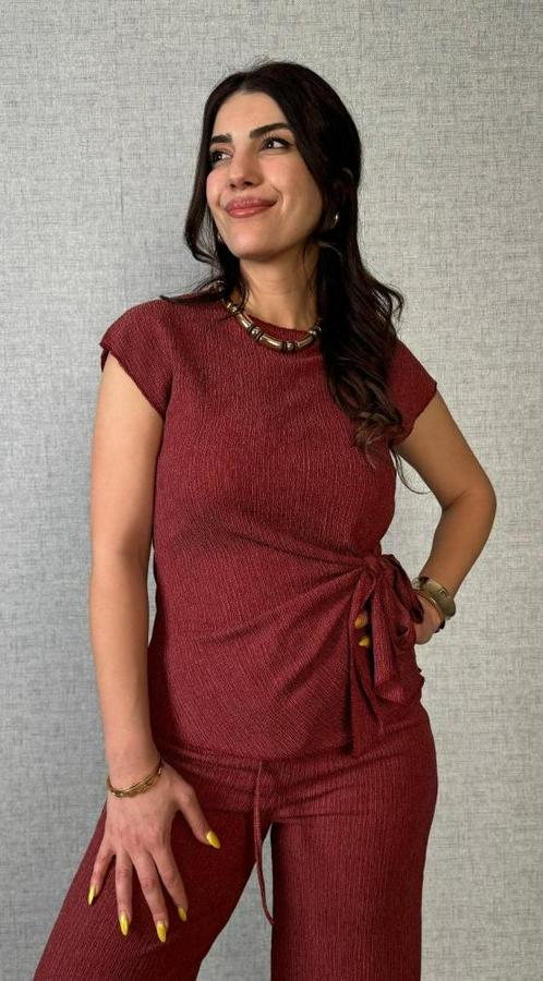 Kısa Kollu Bisiklet Yaka Yandan Bağlamalı Bürümcük Bluz Ve Pantolon Ikili Takım