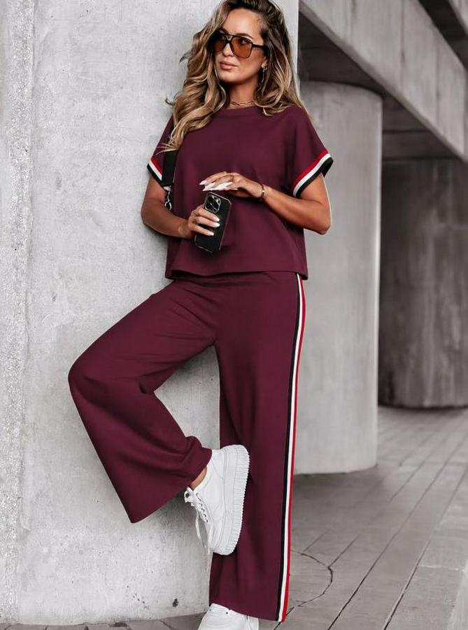Kısa Kollu Bisiklet Yakalı Ribanalı Viskon Iki Iplik Bluz Ve Pantolon Ikili Takım