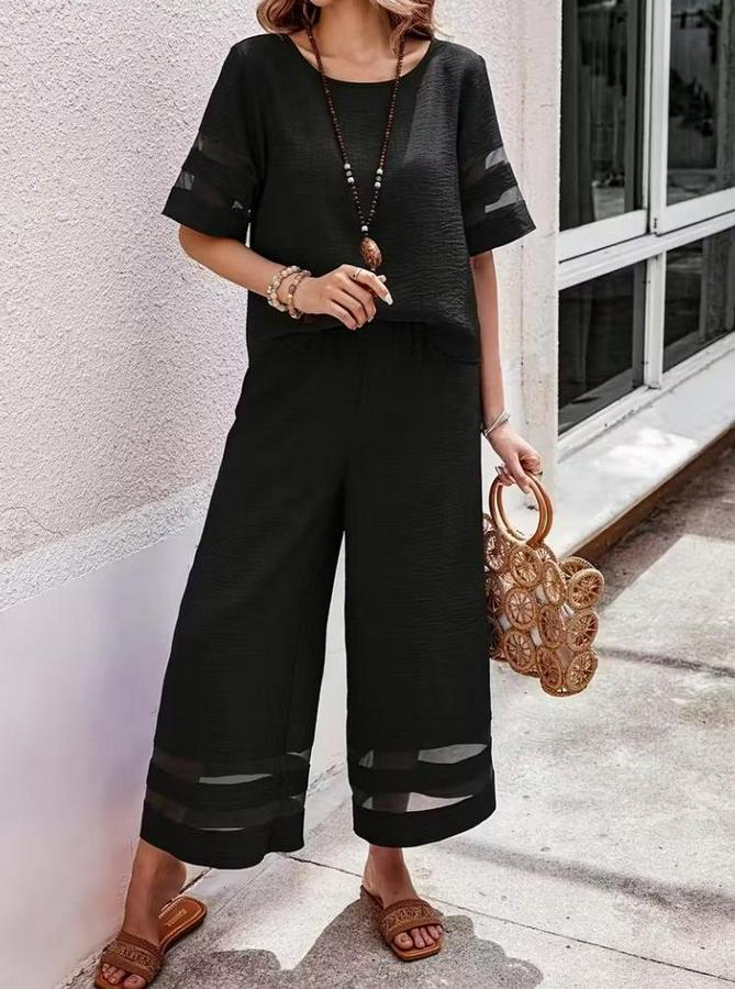 Kısa Kollu Bisiklet Yakalı Tül Şerit Detaylı Bluz Ve Pantolon Ikili Takım