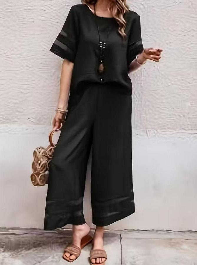 Kısa Kollu Bisiklet Yakalı Tül Şerit Detaylı Bluz Ve Pantolon Ikili Takım