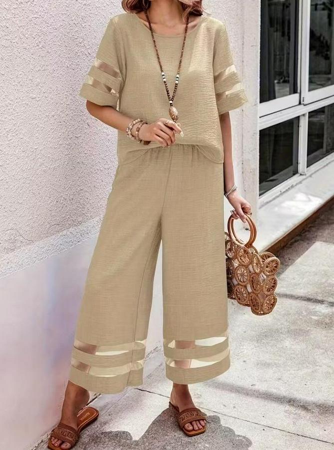 Kısa Kollu Bisiklet Yakalı Tül Şerit Detaylı Bluz Ve Pantolon Ikili Takım