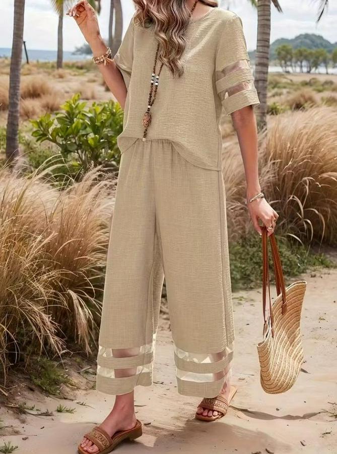 Kısa Kollu Bisiklet Yakalı Tül Şerit Detaylı Bluz Ve Pantolon Ikili Takım