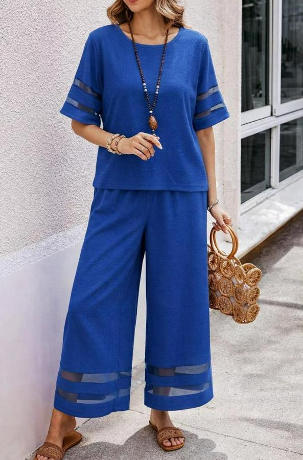 Kısa Kollu Bisiklet Yakalı Tül Şerit Detaylı Bluz Ve Pantolon Ikili Takım