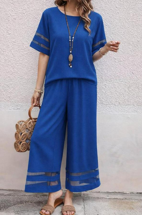 Kısa Kollu Bisiklet Yakalı Tül Şerit Detaylı Bluz Ve Pantolon Ikili Takım