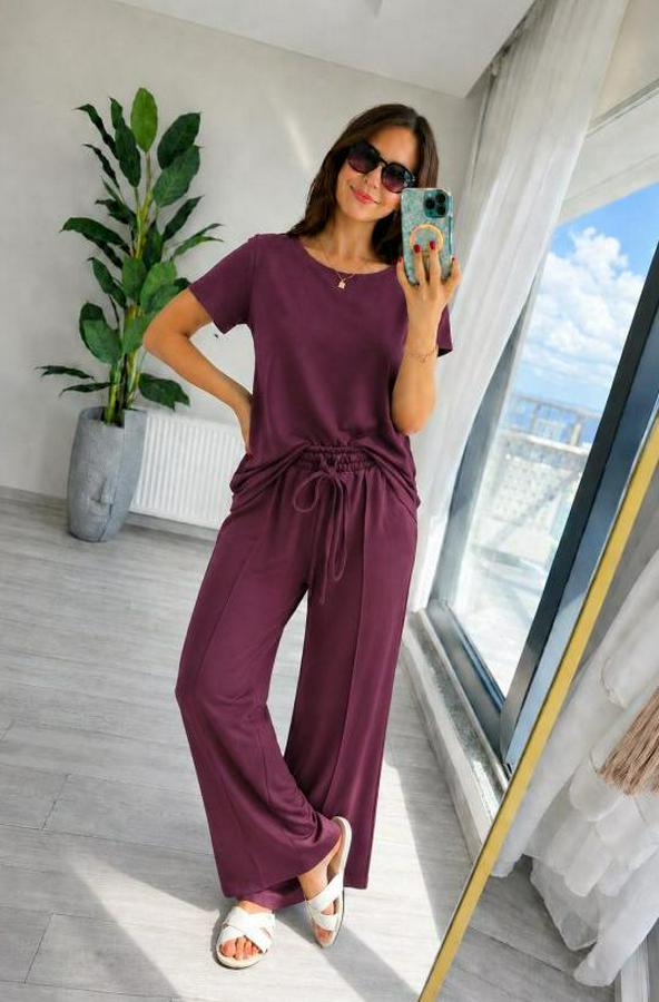 Kısa Kollu Bisiklet Yakalı Viskon Iki Iplik Bluz Ve Pantolon Ikili Takım