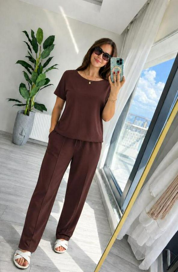 Kısa Kollu Bisiklet Yakalı Viskon Iki Iplik Bluz Ve Pantolon Ikili Takım