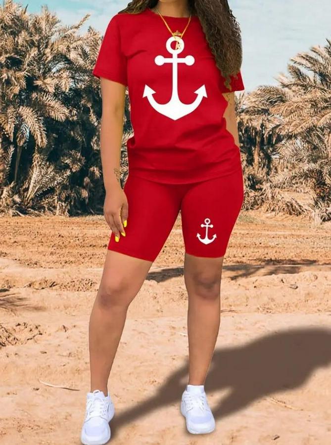 Kısa Kollu Çapa Baskılı Viskon Ikili Takım